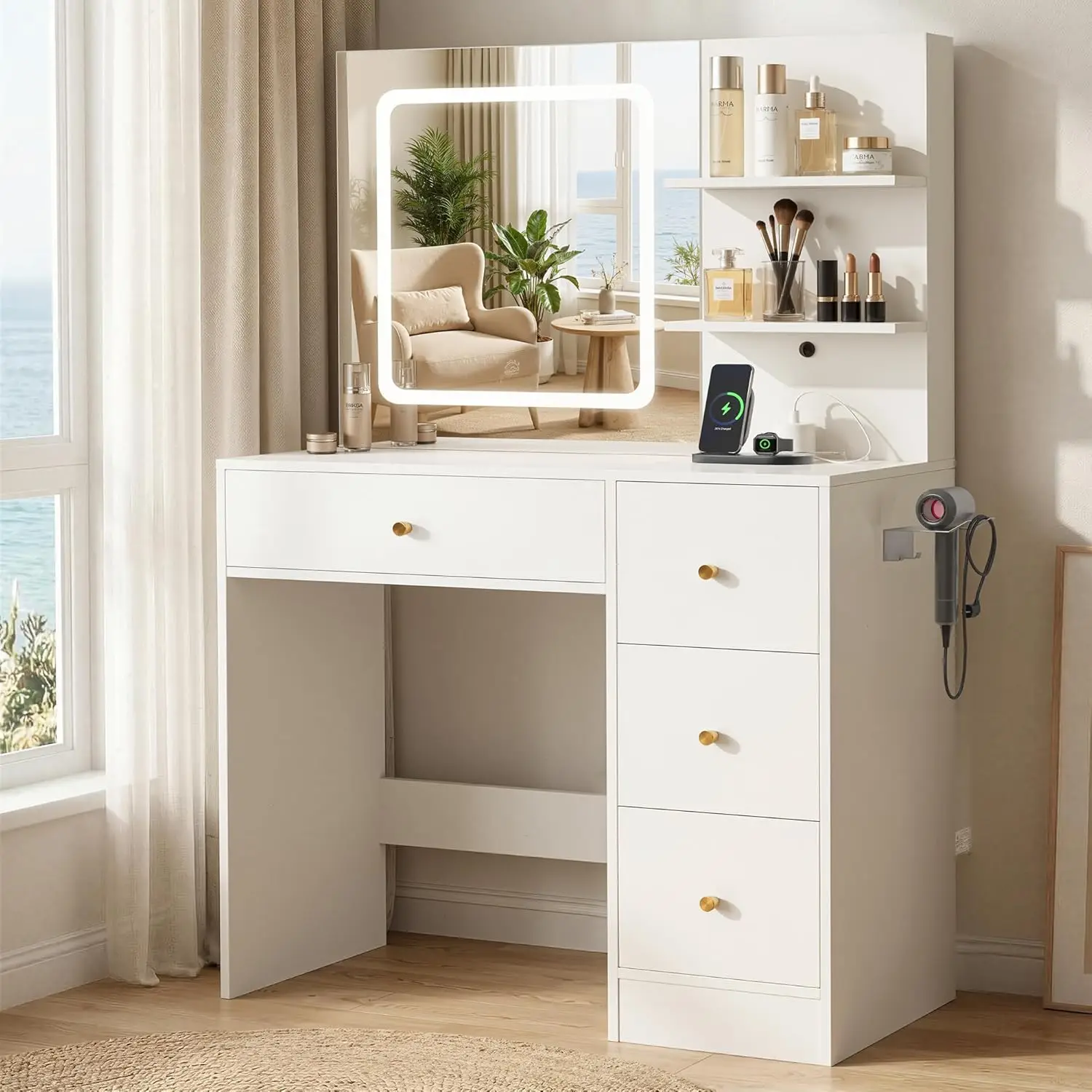 White Vanity Desk Mirror LED Lights Power Outlet USB 3 Modes Dimmable 4 Drawers Bedroom Dressing Table, Customized
White Vanity Desk Mirror LED Lights Power Outlet USB 3 Modes Dimmable 4 Drawers Bedroom Dressing Table, Customized