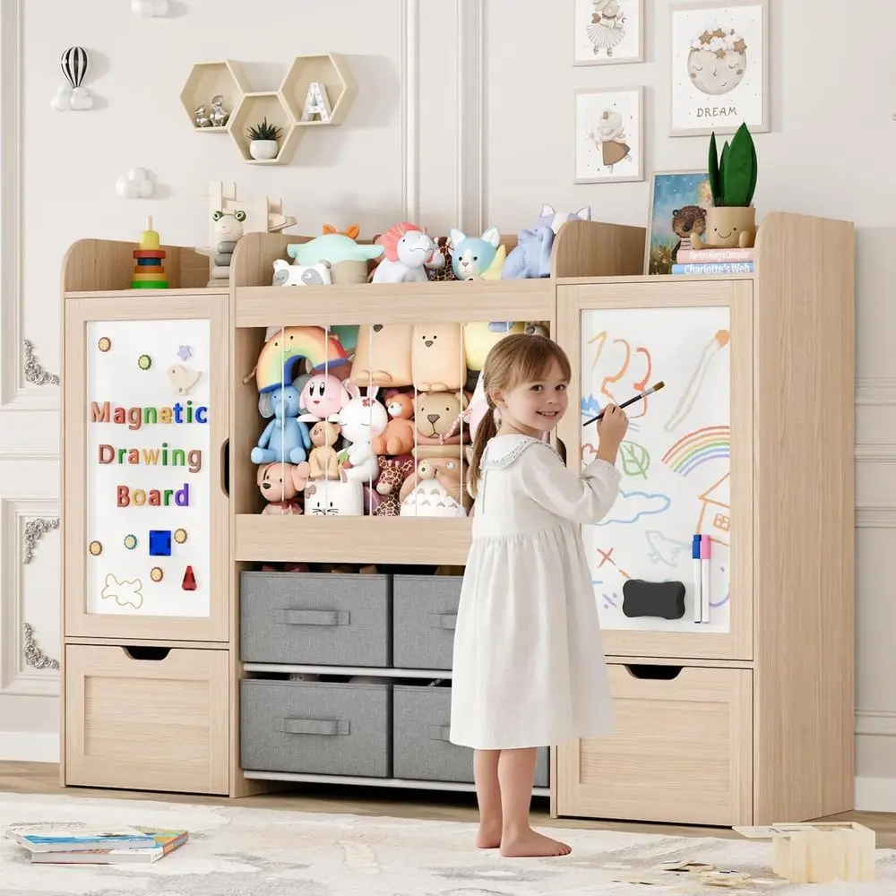 Wooden Toy Organizer with 2 Magnetic Chalkboards, Zoo Theme, 2 Wheels, 4 Fabric Bins for Kids Playroom, Nursery, Bedroom Storage
Wooden Toy Organizer with 2 Magnetic Chalkboards, Zoo Theme, 2 Wheels, 4 Fabric Bins for Kids Playroom, Nursery, Bedroom Storage