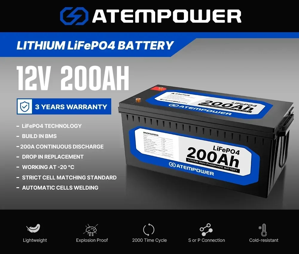 ATEM POWER Deep Cycle Marine 4WD Портативная литиевая батарея LiFePO4 12 В 200 Ач
ATEM POWER Deep Cycle Marine 4WD Портативная литиевая батарея LiFePO4 12 В 200 Ач