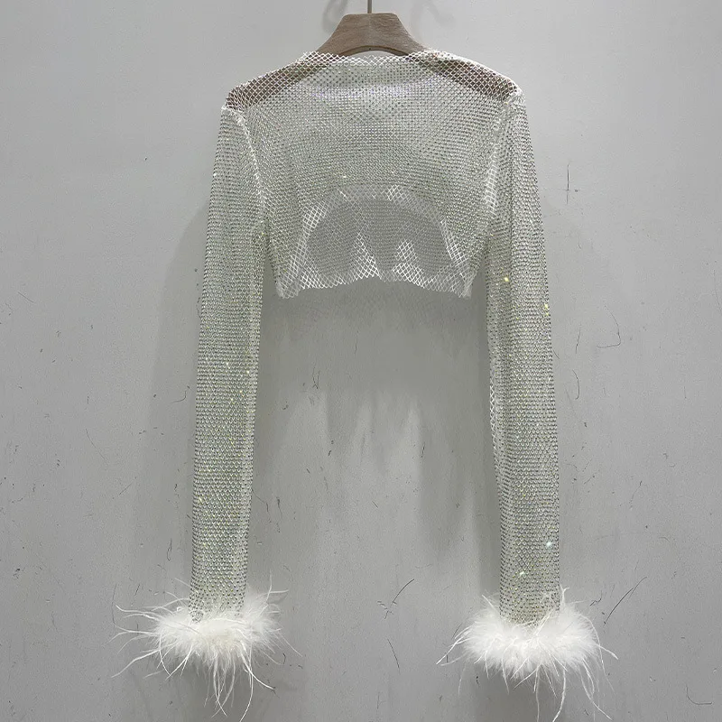 Sexy Women Rhinestone Crop Top Mesh Sleeve T-Shirt Sexy Tops Hollow Out Tops Ladies Feathers White Top Casual T-shirt Tee Shirts
Sexy Women Rhinestone Crop Top Mesh Sleeve T-Shirt Sexy Tops Hollow Out Tops Ladies Feathers White Top Casual T-shirt Tee Shirts