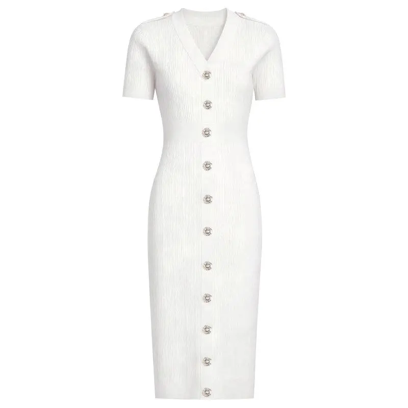 Elegant Knitted Short Sleeve V-Neck Slim Fit Classic Dress with Large Button for Women Citywalk Summer New Style High Quality
Elegant Knitted Short Sleeve V-Neck Slim Fit Classic Dress with Large Button for Women Citywalk Summer New Style High Quality