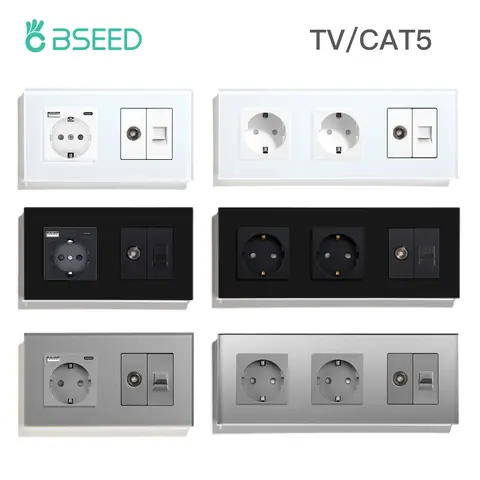 BSEED TV CAT5 With EU Socket Double Wall Sockets TV Internet RJ45 PC Connections Type-c USB Electric Sockets Glass Frame