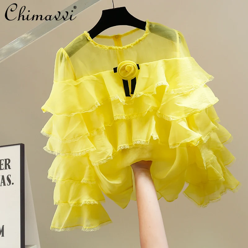 Fashion Heavy Craft Three-Dimensional Flower Decoration Ruffled Long Sleeve Top 2025 Autumn Round Neck Loose Women's Shirt
Fashion Heavy Craft Three-Dimensional Flower Decoration Ruffled Long Sleeve Top 2025 Autumn Round Neck Loose Women's Shirt