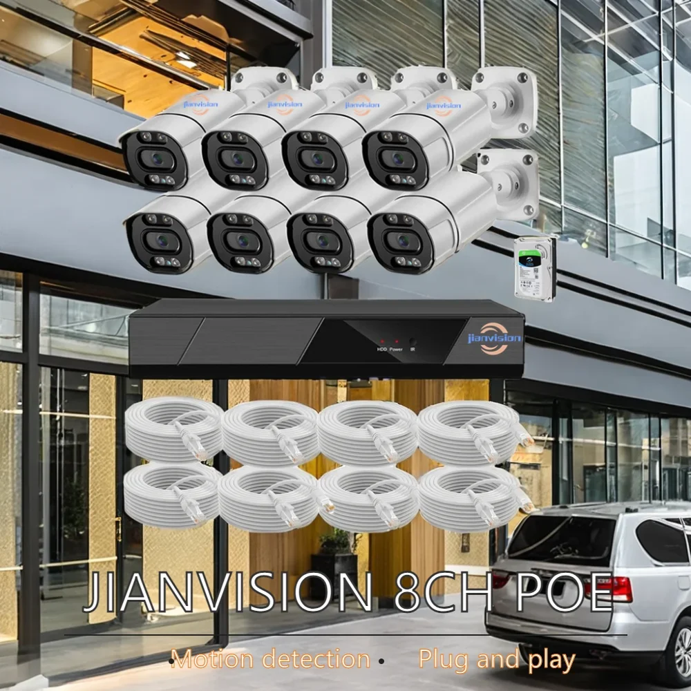 Jianvision 8MP IP Bullet POE Camera System 8CH With 2TB Hard Drive Disk And 8 Cables For Surveillance
Jianvision 8MP IP Bullet POE Camera System 8CH With 2TB Hard Drive Disk And 8 Cables For Surveillance