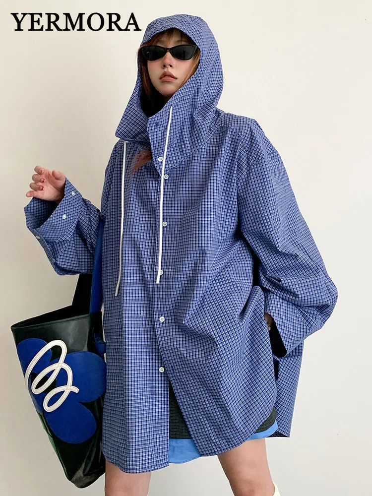 YERMORA Blue Plaid Drawstring Casual Shirt Jacket For Women Hooded Long Sleeve Loose New Coat Fashion Tide Spring Autumn 2025
YERMORA Blue Plaid Drawstring Casual Shirt Jacket For Women Hooded Long Sleeve Loose New Coat Fashion Tide Spring Autumn 2025