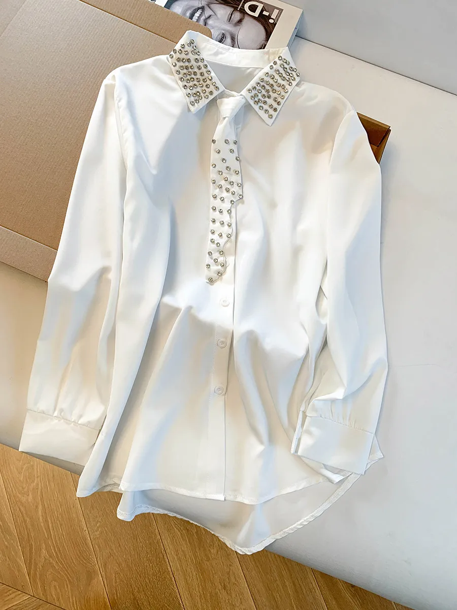 k Lady Heavy Work Rhinestone Silk Satin Long Sve Women's irt Original Design High Waist Button up Spring Faion
k Lady Heavy Work Rhinestone Silk Satin Long Sve Women's irt Original Design High Waist Button up Spring Faion