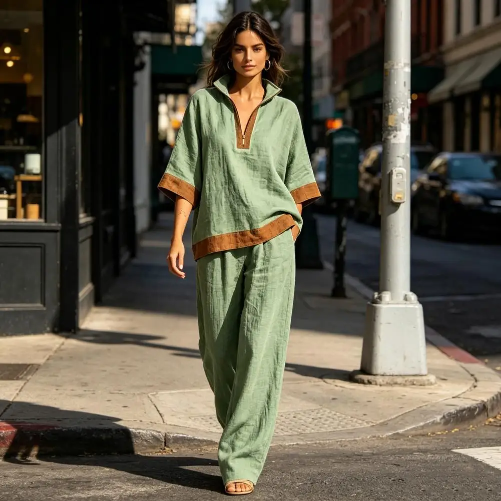 Two-piece Outfit Comfortable Loose Clothing Color Block Cotton Linen Set Half Sleeve Zip-up Top Wide Leg Pants Summer for Women
Two-piece Outfit Comfortable Loose Clothing Color Block Cotton Linen Set Half Sleeve Zip-up Top Wide Leg Pants Summer for Women