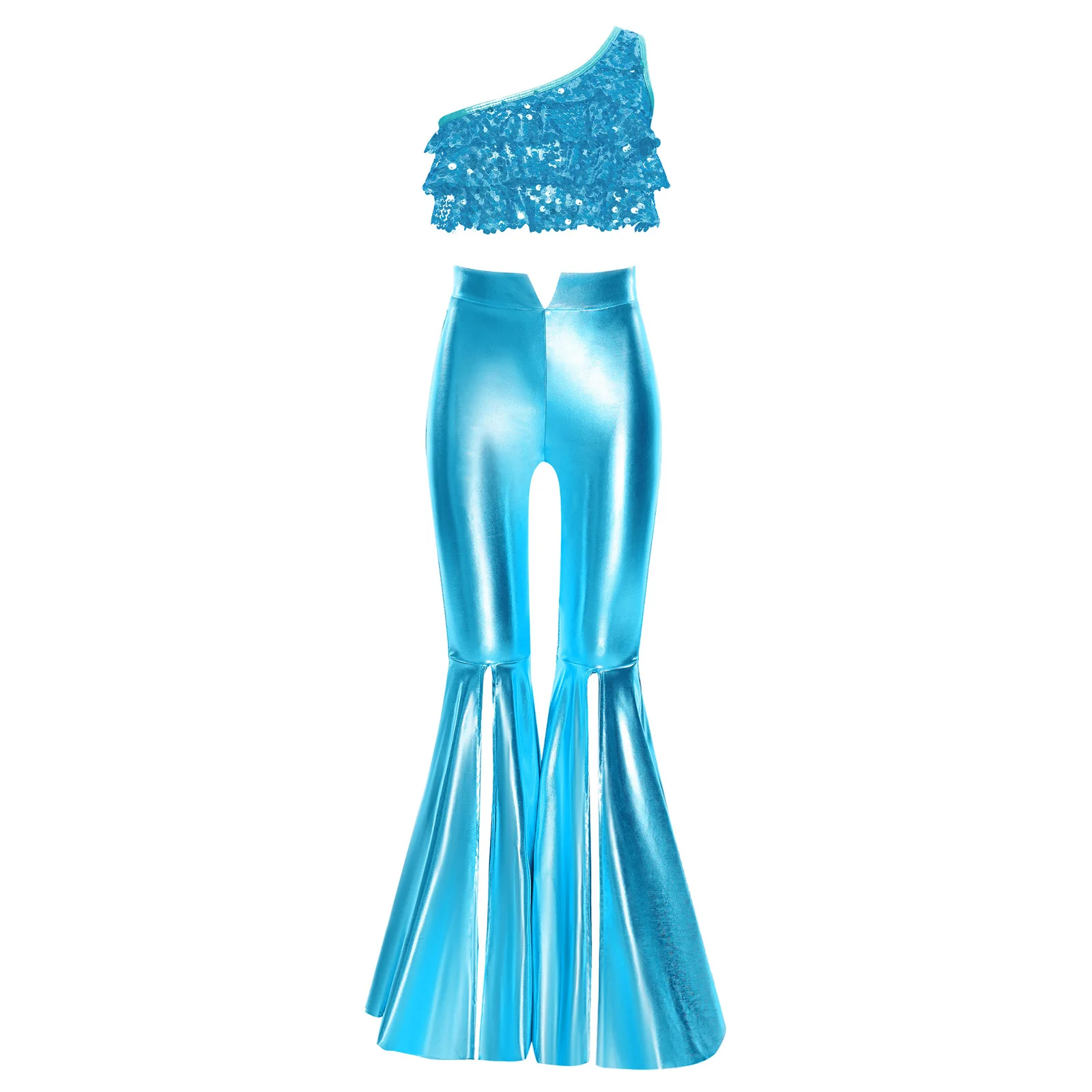 Kids Girls Jazz Dance Princess Costume One Shoulder Shiny Sequins Sleeveless Crop Top with Split Bell Bottom Metallic Pants
Kids Girls Jazz Dance Princess Costume One Shoulder Shiny Sequins Sleeveless Crop Top with Split Bell Bottom Metallic Pants