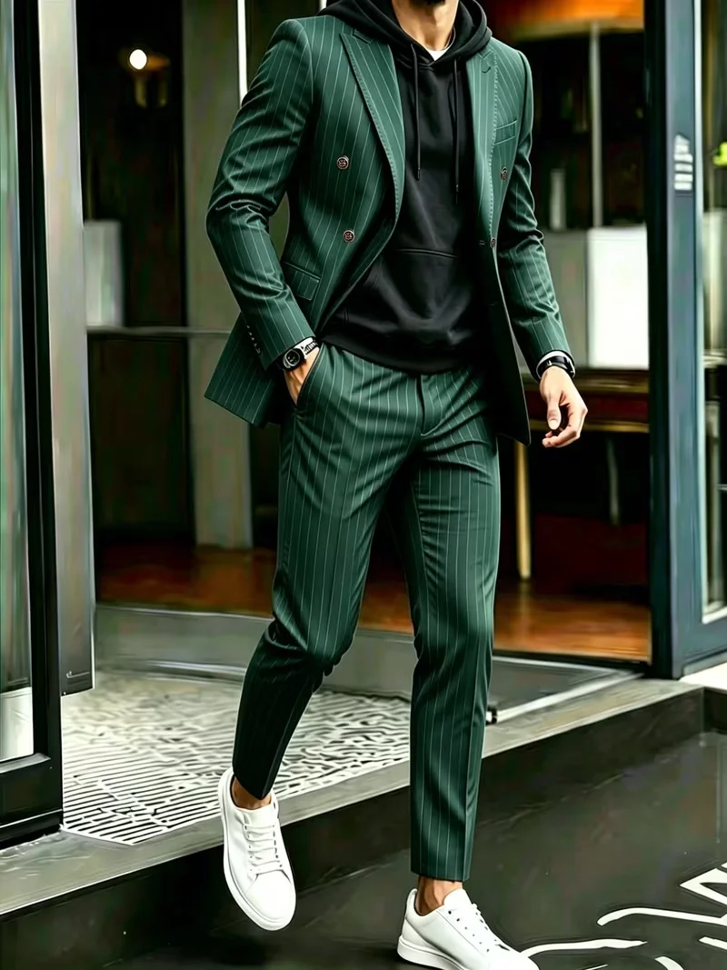 Men's Dark Green Pinstripe 2-Piece Suit Double Breasted Slim Fit Blazer + Trousers Set Streetwear Hoodie Match
Men's Dark Green Pinstripe 2-Piece Suit Double Breasted Slim Fit Blazer + Trousers Set Streetwear Hoodie Match