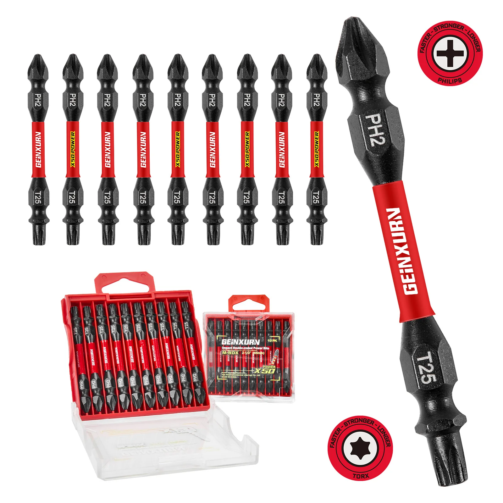 Geinxurn Impact Double End Screwdriver Bit Set,2.56’’ #2 Phillips /#25/20 Torx,Magnetic S2 Steel,2-sided bits with Storage M-Box 
Geinxurn Impact Double End Screwdriver Bit Set,2.56’’ #2 Phillips /#25/20 Torx,Magnetic S2 Steel,2-sided bits with Storage M-Box