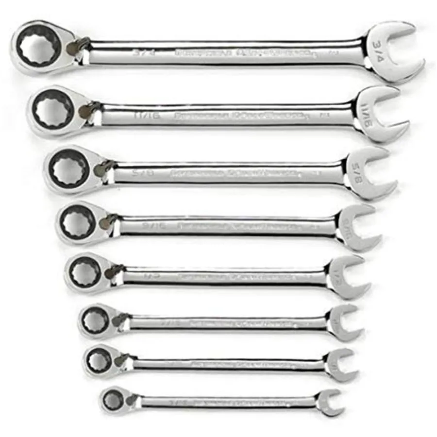 8 Piece 72-Tooth 12 Point Reversible Ratcheting Combination SAE Wrench Set 9533N
8 Piece 72-Tooth 12 Point Reversible Ratcheting Combination SAE Wrench Set 9533N