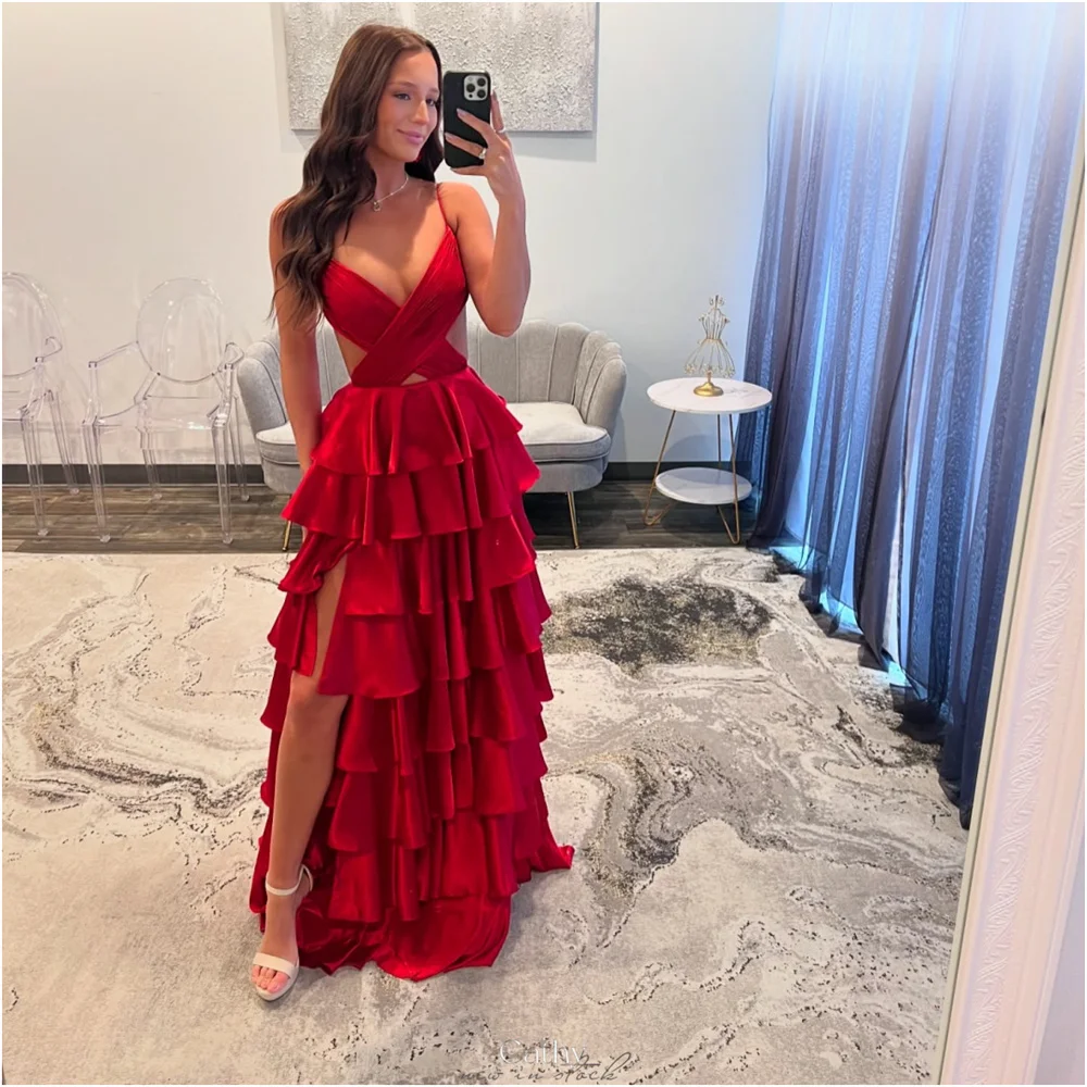 Cathy Customized Burgundy Cross Style Tiered Ruffles Prom Dress Spaghetti Strap Side Slit vestidos de noiva A-line Backless Gown
Cathy Customized Burgundy Cross Style Tiered Ruffles Prom Dress Spaghetti Strap Side Slit vestidos de noiva A-line Backless Gown