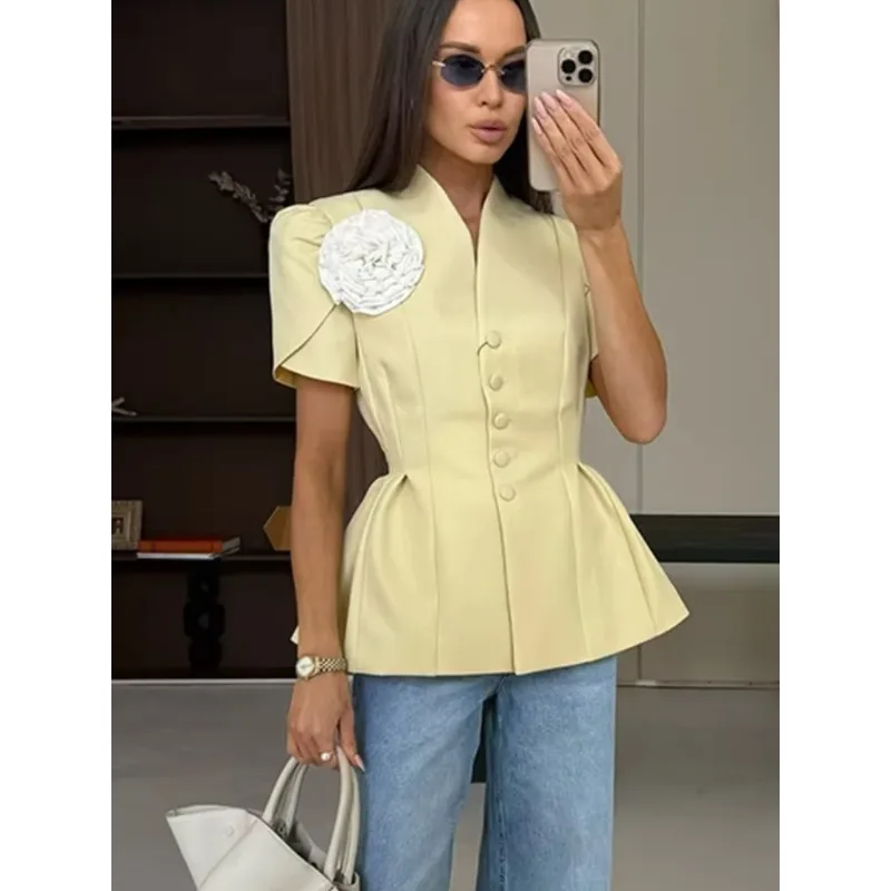 Women's new handmade flower-decorated waist short-sleeved suit top
Women's new handmade flower-decorated waist short-sleeved suit top