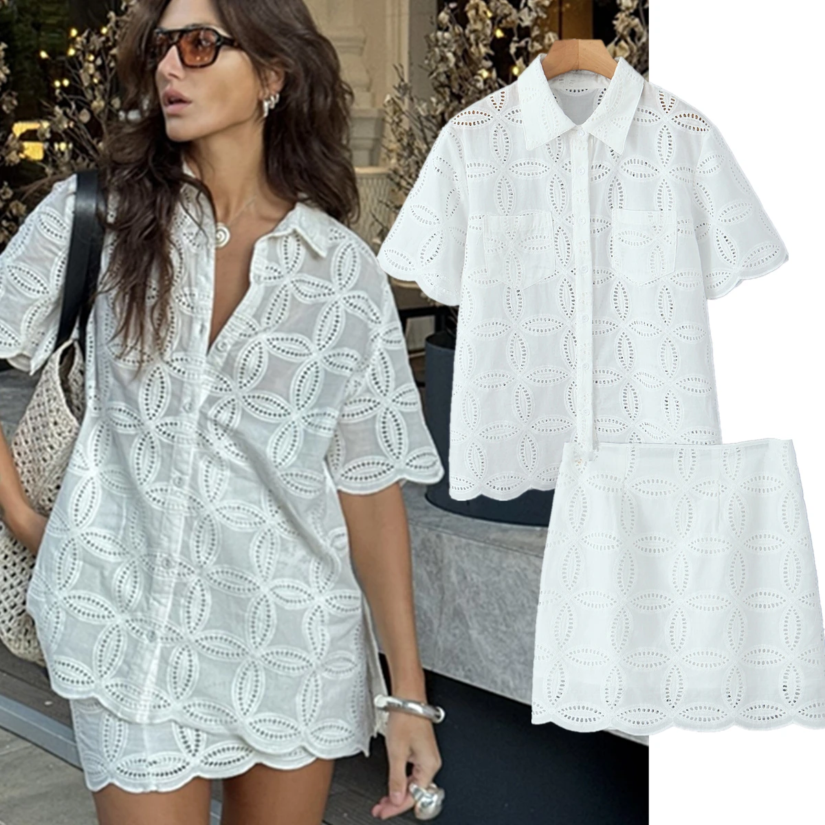 Maxdutti Summer Minimalist Embroidery Hollow White Suit French Cotton Short-sleeved Shirt Mini Skirt Set Two Pieces Set Women
Maxdutti Summer Minimalist Embroidery Hollow White Suit French Cotton Short-sleeved Shirt Mini Skirt Set Two Pieces Set Women