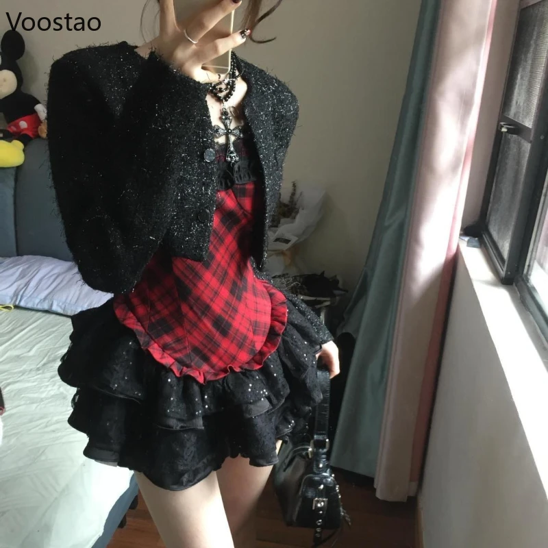 Gothic Y2k Dress 2 Piece Sets Women Sexy Black Short Jacket Lace Ruffle Red Plaid Mini Cake Dress Female Fashion Elegant Outfits
Gothic Y2k Dress 2 Piece Sets Women Sexy Black Short Jacket Lace Ruffle Red Plaid Mini Cake Dress Female Fashion Elegant Outfits
