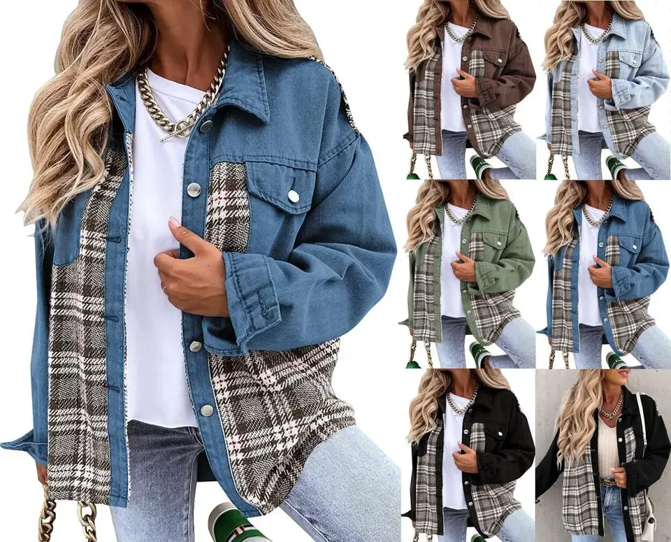 Autumn and Winter Long Sleeved Plaid Color Block Shaking Button Shirt Collar Denim for Women
Autumn and Winter Long Sleeved Plaid Color Block Shaking Button Shirt Collar Denim for Women