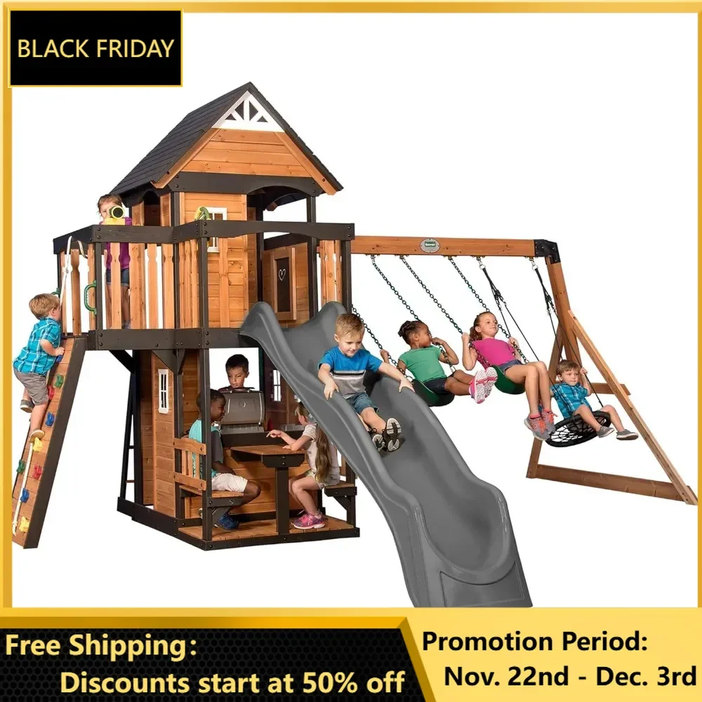 All Cedar Wood Swing Set w/Grey Wave Slide w/Grill, Plastic Food, Picnic Area, Steering Wheel, Two Belt Swings, Playhouses
All Cedar Wood Swing Set w/Grey Wave Slide w/Grill, Plastic Food, Picnic Area, Steering Wheel, Two Belt Swings, Playhouses