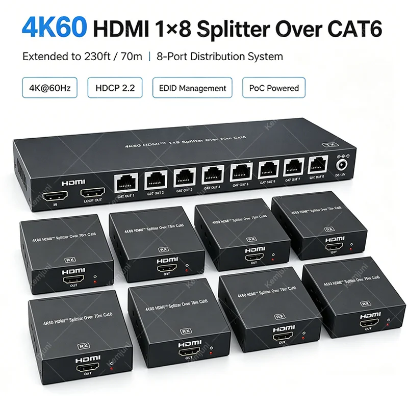 HD 4K60 1x8 HDMI Over CAT Extender 1x2 1x4 70M Transmission Intelligent CAT6 Network Cable EDID Management Supports PoC Function
HD 4K60 1x8 HDMI Over CAT Extender 1x2 1x4 70M Transmission Intelligent CAT6 Network Cable EDID Management Supports PoC Function