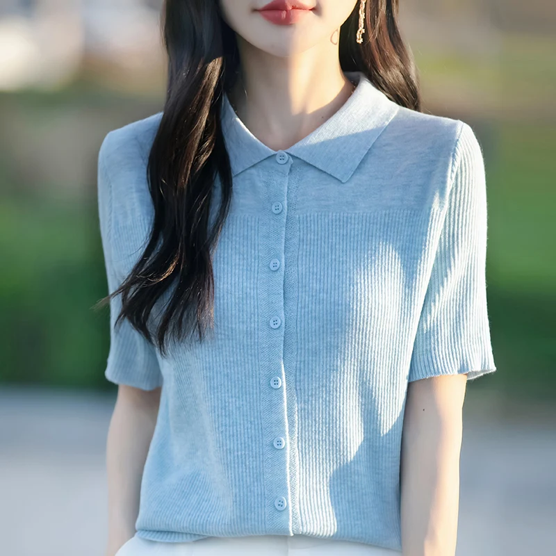 Summer thin women's T-shirt casual solid color knitted short sleeved POLO collar Tees fit Tops spun wool Blouse cardigan T
Summer thin women's T-shirt casual solid color knitted short sleeved POLO collar Tees fit Tops spun wool Blouse cardigan T