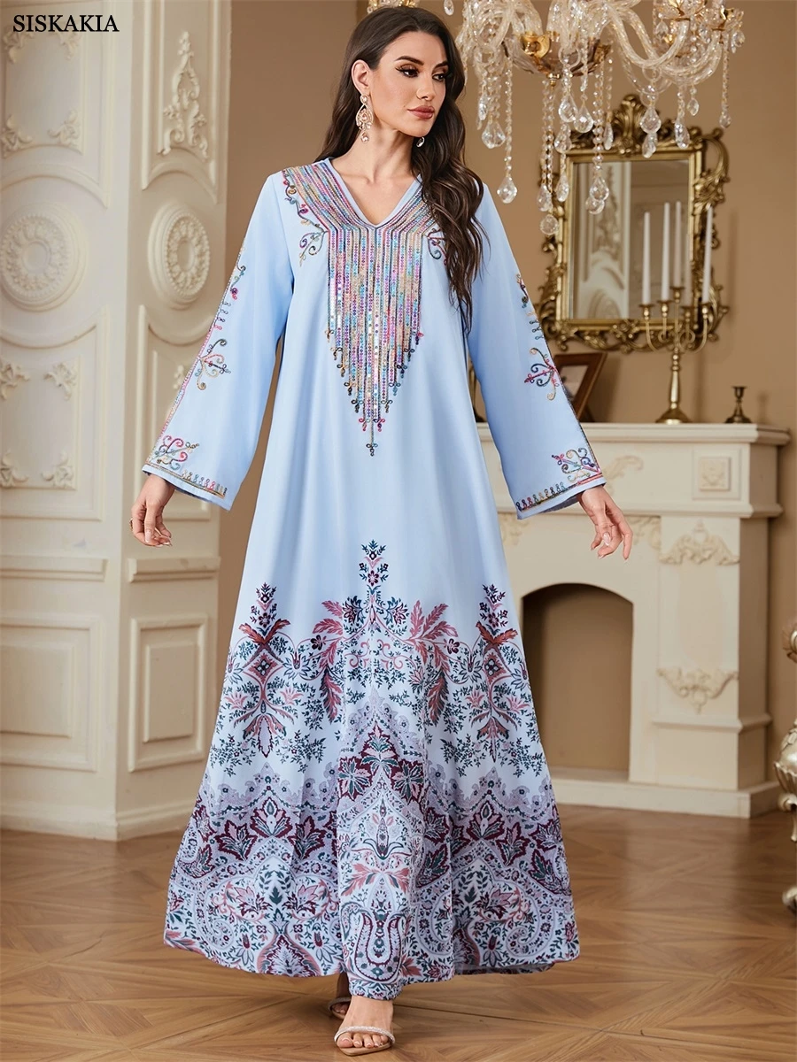 Siskakia Muslim Embroidered Maxi Abayas Dubai Floral Print Dress Fashion Notched Kaftan 2025
Siskakia Muslim Embroidered Maxi Abayas Dubai Floral Print Dress Fashion Notched Kaftan 2025