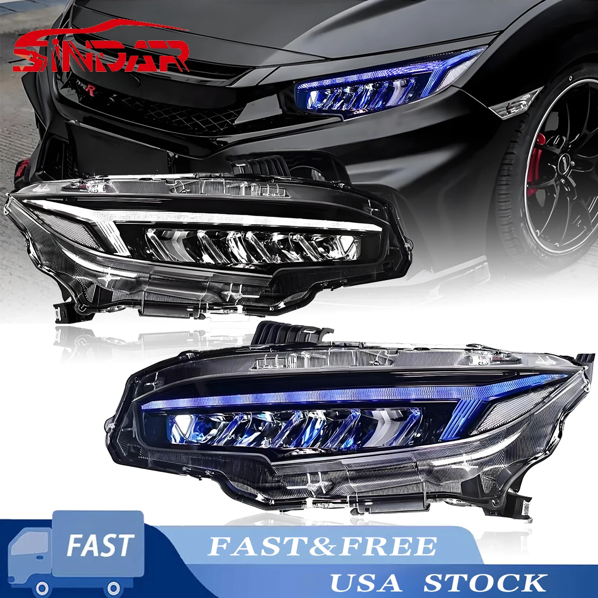Светодиодные фары SINDAR RGB для Honda Civic 10-го поколения 2016-2021, пара последовательных передних фонарей 
Светодиодные фары SINDAR RGB для Honda Civic 10-го поколения 2016-2021, пара последовательных передних фонарей