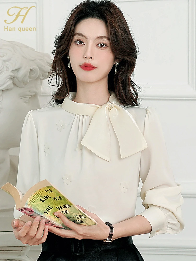 H Han Queen Spring Stand Collar Bead Simple Office Lady Blouse Shirt Bow Tops Long Sleeve Casual Korean Loose Blouses Women
H Han Queen Spring Stand Collar Bead Simple Office Lady Blouse Shirt Bow Tops Long Sleeve Casual Korean Loose Blouses Women