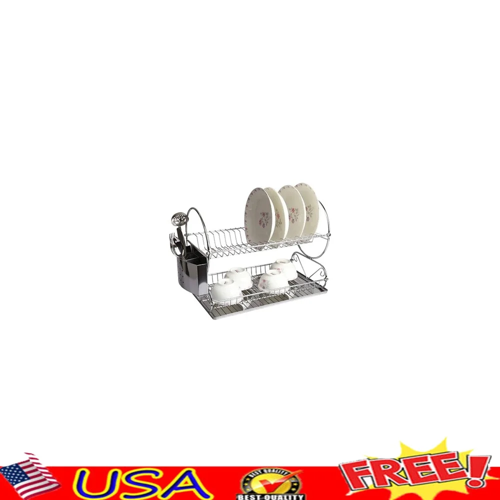 Хромированная двухъярусная полка для посуды с держателем для посуды и поддоном для слива Эффективная сушка посуды и посуды 
Хромированная двухъярусная полка для посуды с держателем для посуды и поддоном для слива Эффективная сушка посуды и посуды