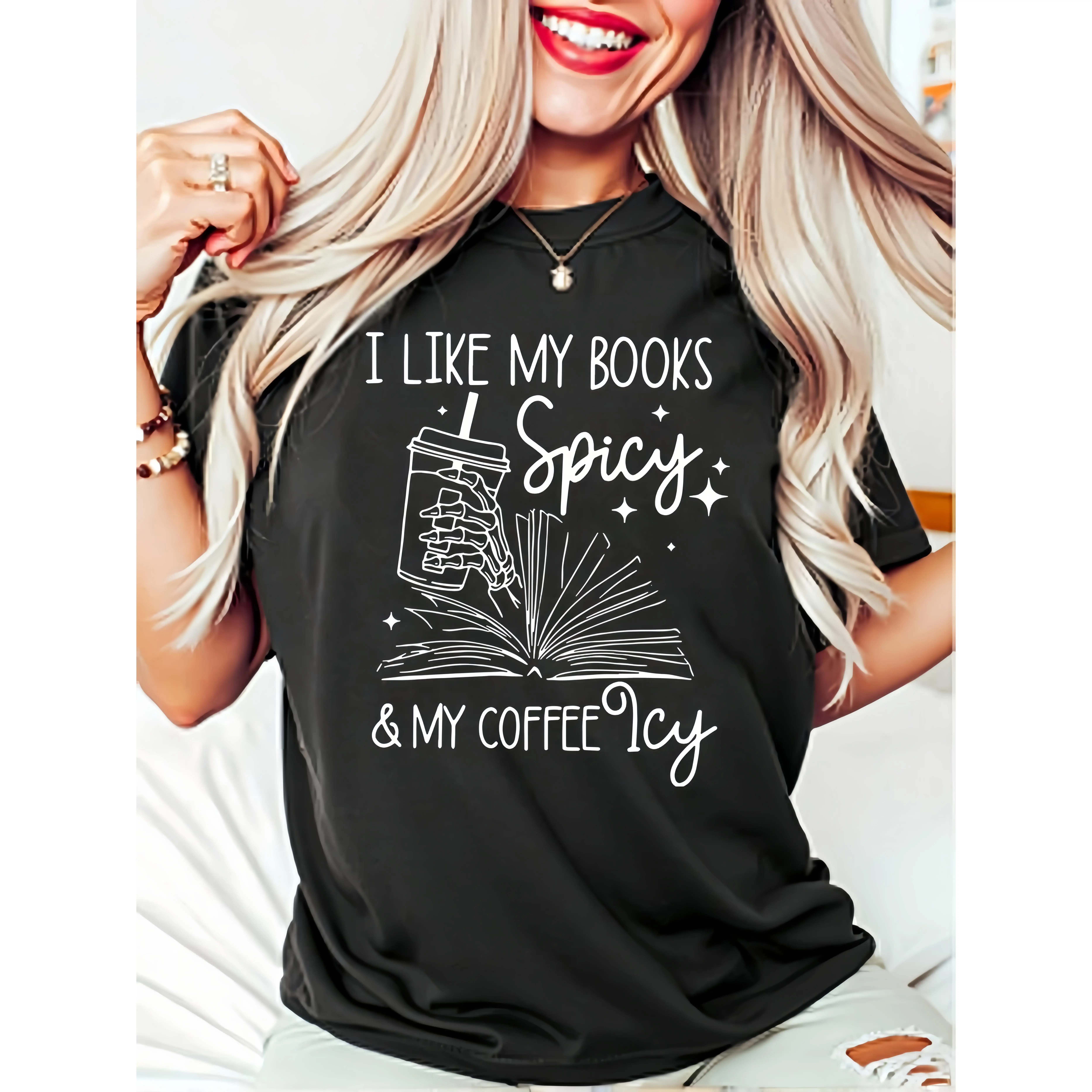 Women's Funny Book Lover T-Shirt "Books Spicy Coffee Icy" Skeleton Hand Reading Humor Tee Iced Coffee Gift
Women's Funny Book Lover T-Shirt "Books Spicy Coffee Icy" Skeleton Hand Reading Humor Tee Iced Coffee Gift