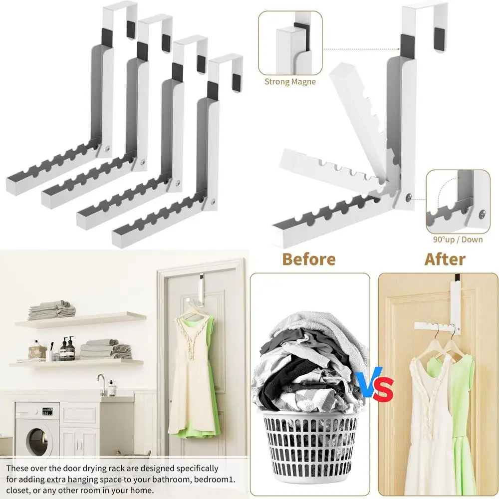Portable Folding Door Rack with 6 Hooks for Indoor Laundry, White 4-Pack
Portable Folding Door Rack with 6 Hooks for Indoor Laundry, White 4-Pack