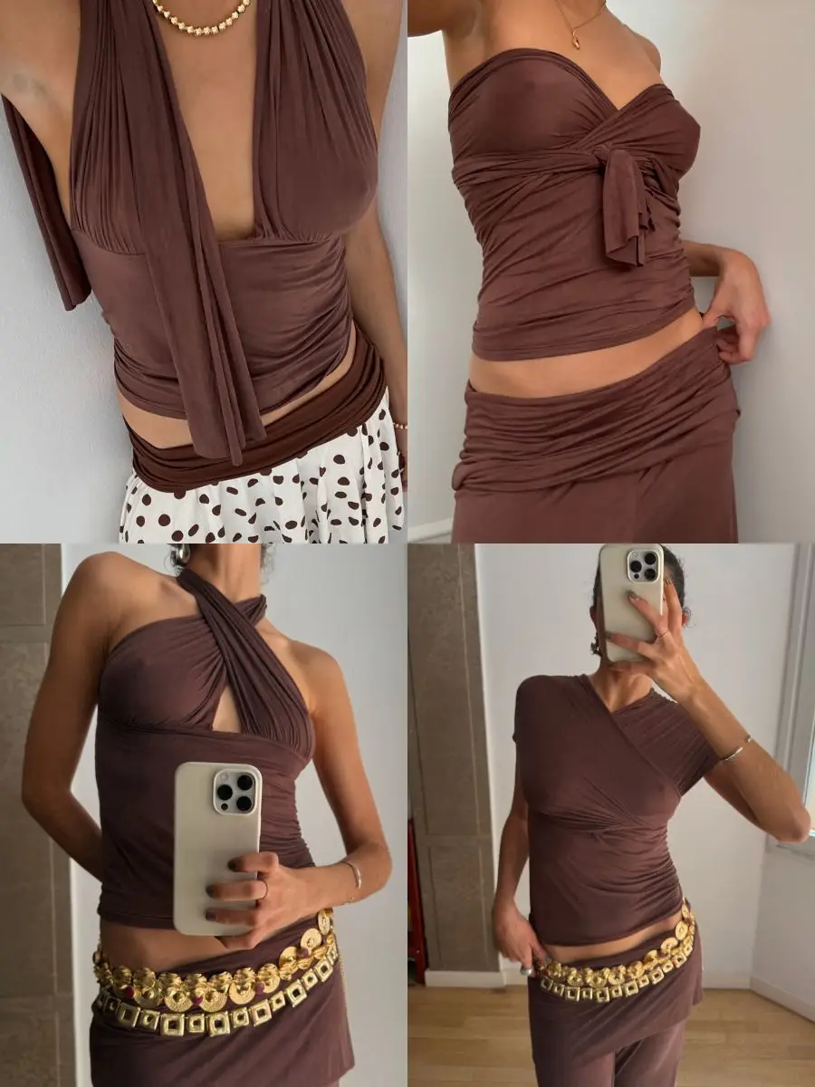 Susm Brown Sexy Halter Top with Multiple Wearing Styles, Stretchy Shirt, Chocolate-Colored Polka Dot Print Short Skirt, Fashionable Casual Suit
Susm Brown Sexy Halter Top with Multiple Wearing Styles, Stretchy Shirt, Chocolate-Colored Polka Dot Print Short Skirt, Fashionable Casual Suit