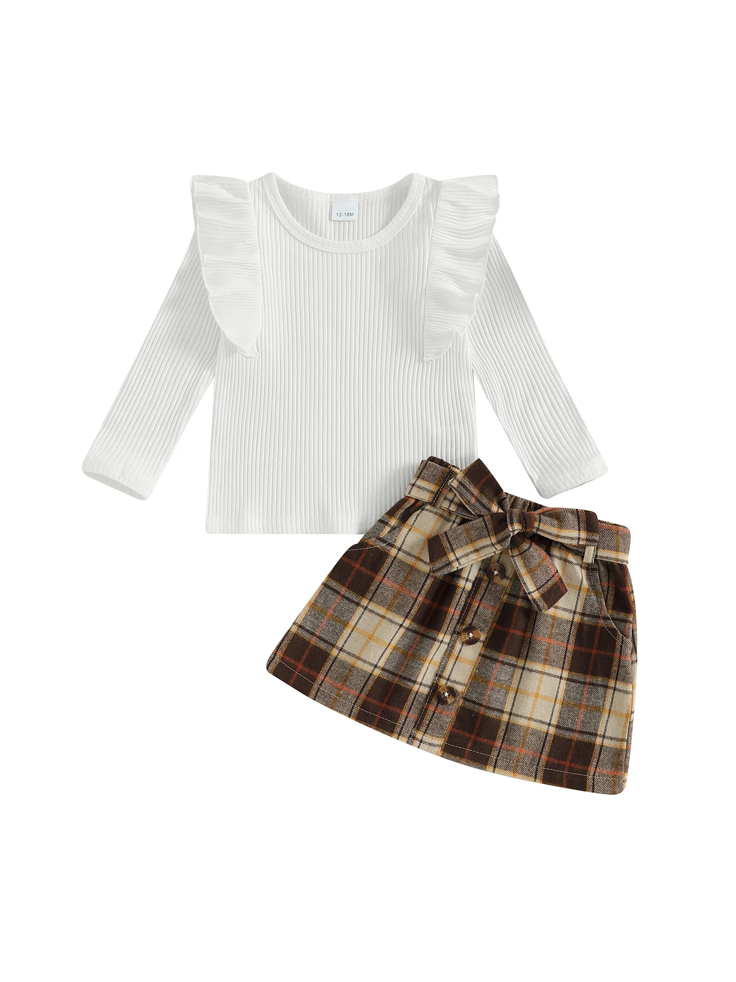 Комплект из футболки с круглым вырезом и длинными рукавами для девочек и клетчатая юбка с поясом. Идеальный осенний наряд для детей. 
Комплект из футболки с круглым вырезом и длинными рукавами для девочек и клетчатая юбка с поясом. Идеальный осенний наряд для детей.