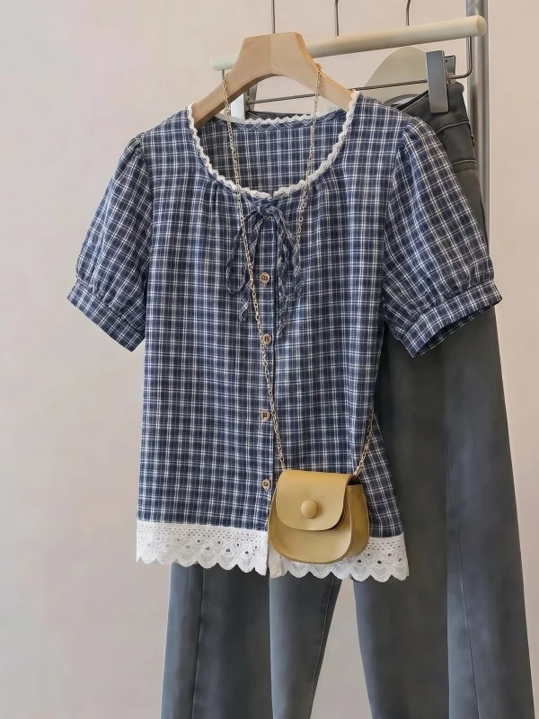 Dark Blue Plaid Shoulder Shirt Women's Summer New Large Size Sweet Salt Commute Style Korean Loose Fit round Neck Short Sleeve
Dark Blue Plaid Shoulder Shirt Women's Summer New Large Size Sweet Salt Commute Style Korean Loose Fit round Neck Short Sleeve