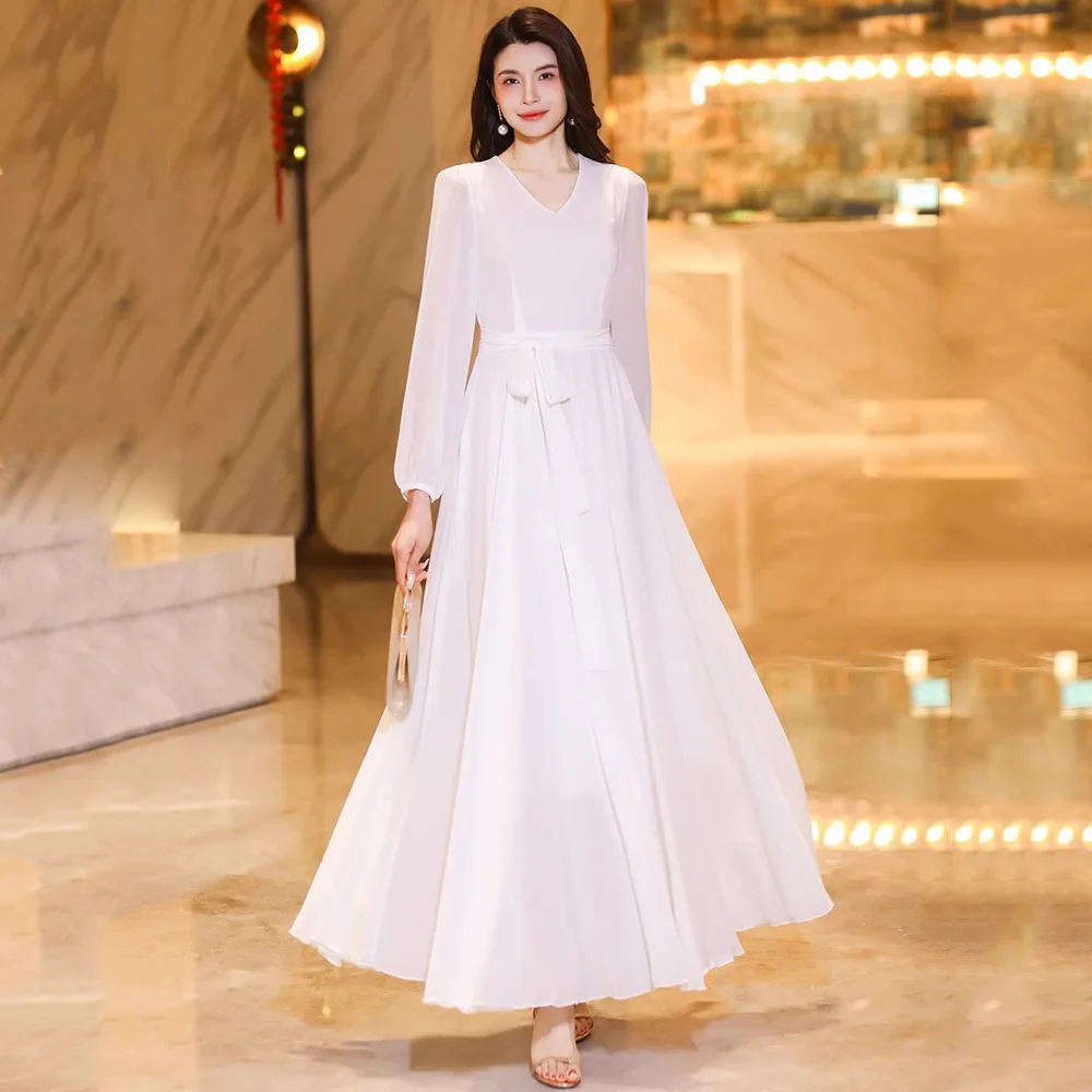 New Women Spring Summer White Long Dress Fashion V-Neck Long Sleeve Slim Waist Dress Elegant Classic A-Line Chiffon Dress
New Women Spring Summer White Long Dress Fashion V-Neck Long Sleeve Slim Waist Dress Elegant Classic A-Line Chiffon Dress