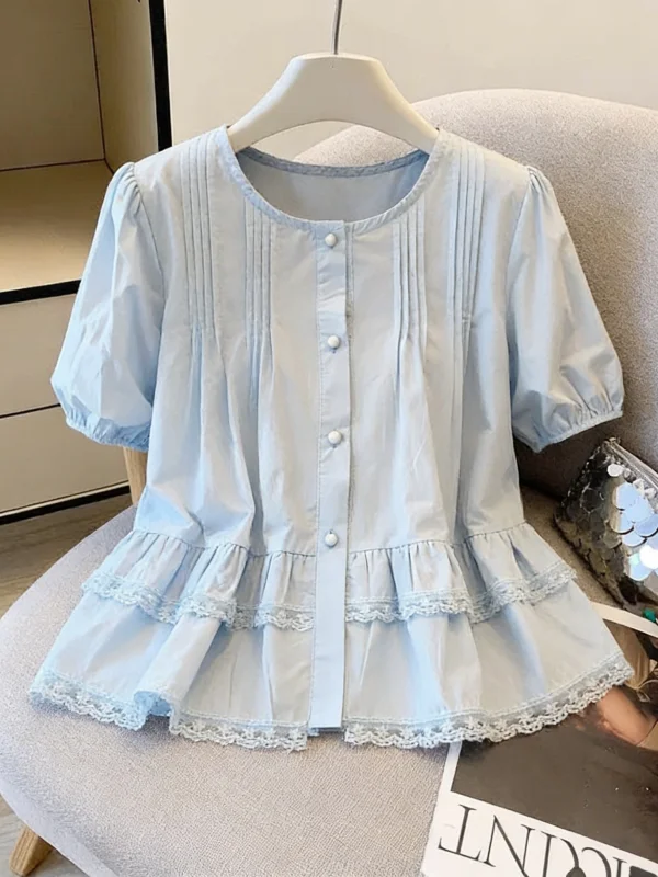 Light Blue Short Sleeve Shirt Women's plus Size Summer New Style Korean Version Bubble Sleeve round Neck Casual Top Doll Shirt
Light Blue Short Sleeve Shirt Women's plus Size Summer New Style Korean Version Bubble Sleeve round Neck Casual Top Doll Shirt