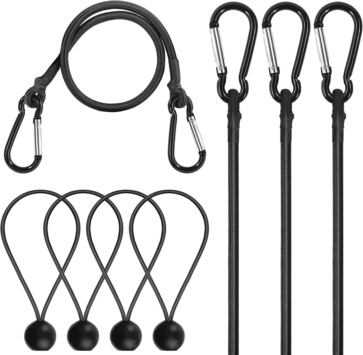 4 Pack 24" Heavy Duty Bungee Cords with Hooks + 4 Ball Bungees 8", for Kayak, Truck, Camping, Max Load 78 lbs
4 Pack 24" Heavy Duty Bungee Cords with Hooks + 4 Ball Bungees 8", for Kayak, Truck, Camping, Max Load 78 lbs