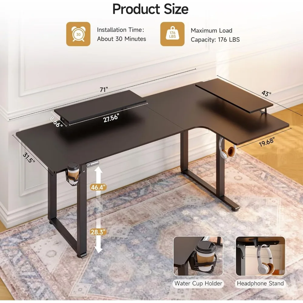 L Shaped Standing Desk, 71x43'' Electric L Stand Up Desk with 2 Adjustable Monitor Shelves, Dual Motor and Office Desks.
L Shaped Standing Desk, 71x43'' Electric L Stand Up Desk with 2 Adjustable Monitor Shelves, Dual Motor and Office Desks.