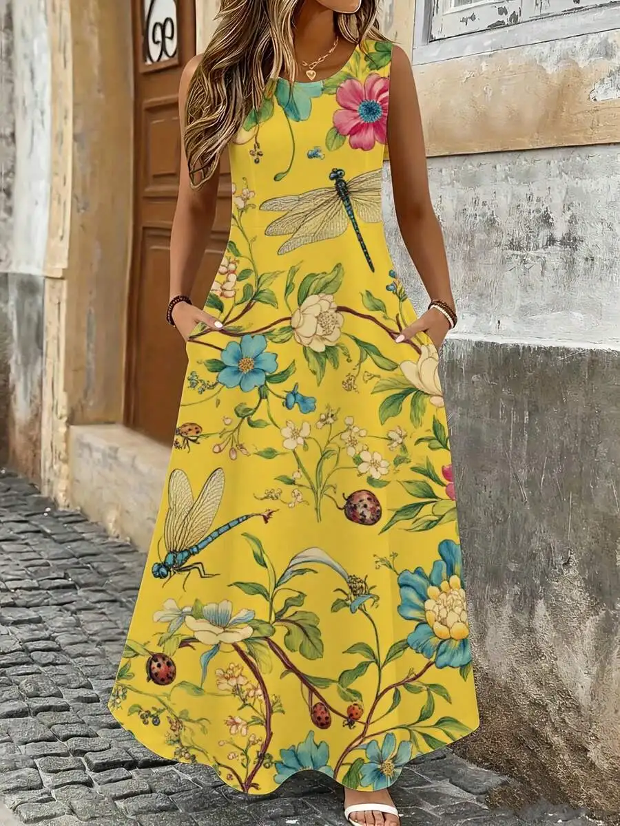 Yellow Floral Print Sleeveless Maxi Dress With Dragonfly And Ladybug Pattern Summer Beach Vacation Outfit
Yellow Floral Print Sleeveless Maxi Dress With Dragonfly And Ladybug Pattern Summer Beach Vacation Outfit