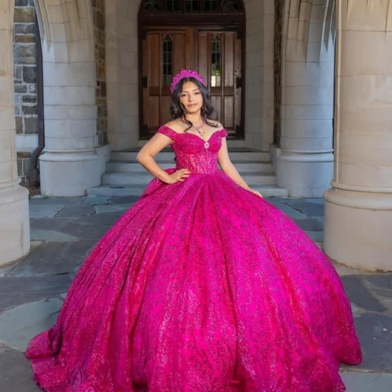 Shiny Rose Pink Quinceanera Dresses Off the Shoulder Glitter Crystal Decal Long tail Bow Vestido De 15 Quinceanera Customize
Shiny Rose Pink Quinceanera Dresses Off the Shoulder Glitter Crystal Decal Long tail Bow Vestido De 15 Quinceanera Customize