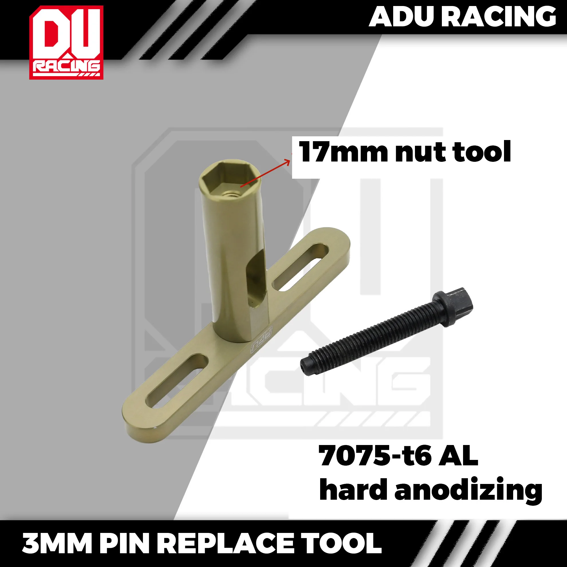 ADU RACING 7075-t6 aluminum alloy 3mm dog bones pin replace tool and 17mm socket
ADU RACING 7075-t6 aluminum alloy 3mm dog bones pin replace tool and 17mm socket