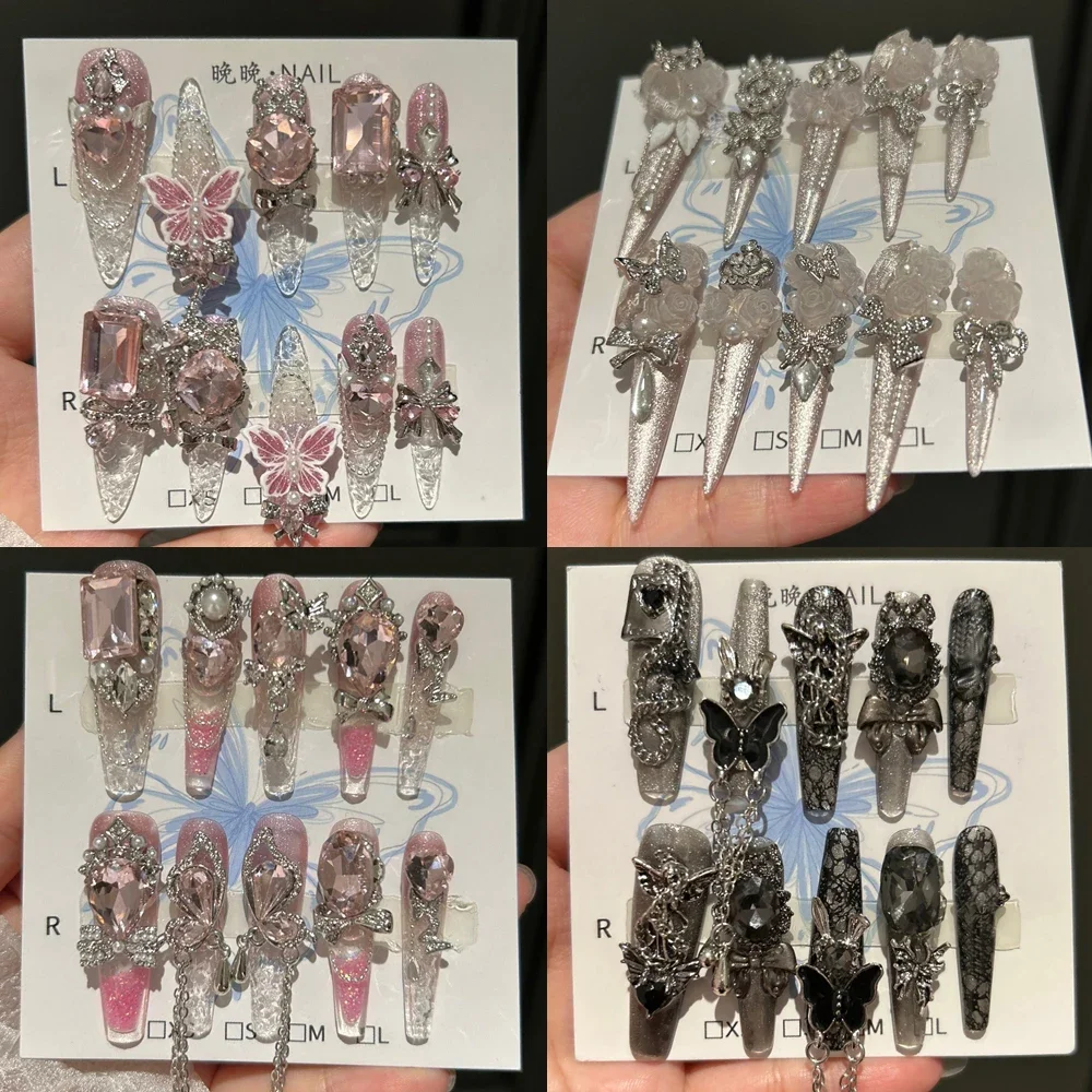 3D Metal Chain Long Coffin Stiletto Handmade Press On Nails Light Luxury Cat's Eye Butterfly Diamond Wearable Nail Personality
3D Metal Chain Long Coffin Stiletto Handmade Press On Nails Light Luxury Cat's Eye Butterfly Diamond Wearable Nail Personality
