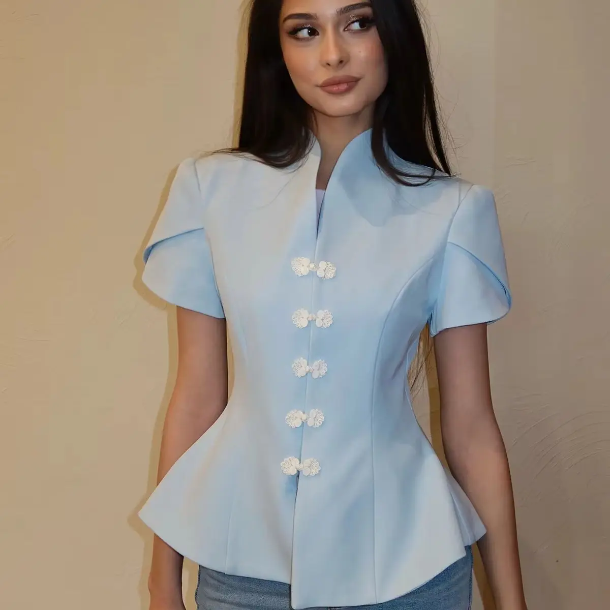 DNBS 2026 Women's Light Blue Chinese Knot Peplum Blouse, Stand Collar Puff Sleeve Fitted Top for Office & Casual Wear
DNBS 2026 Women's Light Blue Chinese Knot Peplum Blouse, Stand Collar Puff Sleeve Fitted Top for Office & Casual Wear