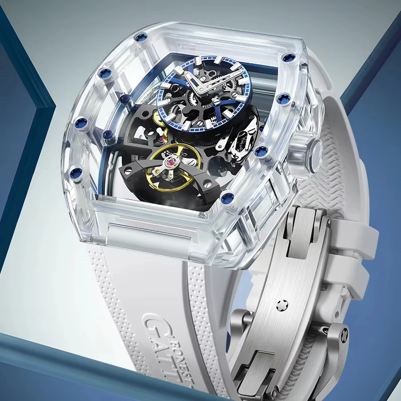 BONEST GATTI Fashion Men Automatic Watch Tonneau Mechanical Wristwatch Acylic Case Sapphire Lume Hollow Out Dial Fluororubber
BONEST GATTI Fashion Men Automatic Watch Tonneau Mechanical Wristwatch Acylic Case Sapphire Lume Hollow Out Dial Fluororubber