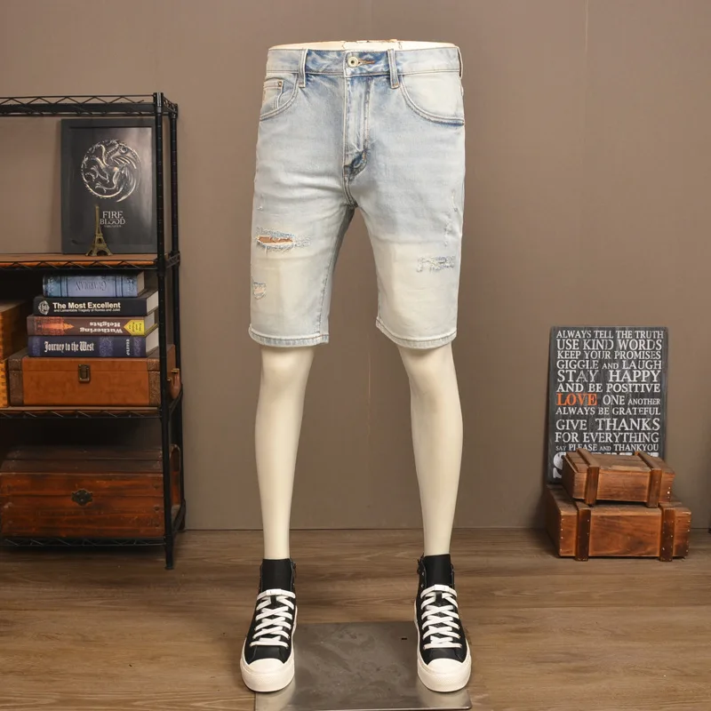 Summer retro light colored ripped denim shorts men's trendy brand stretch slim fit high-end casual nostalgic five quarter pants
Summer retro light colored ripped denim shorts men's trendy brand stretch slim fit high-end casual nostalgic five quarter pants