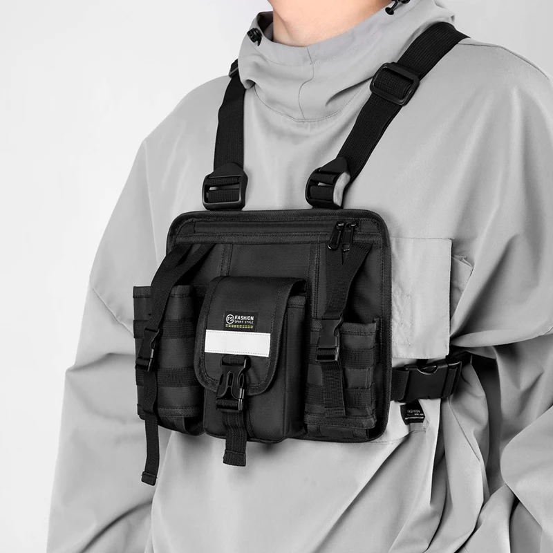 Men's and women's black vest bags, multiple pockets, adjustable straps and buttons, tactical chest bag, suitable for outdoor spo
Men's and women's black vest bags, multiple pockets, adjustable straps and buttons, tactical chest bag, suitable for outdoor spo