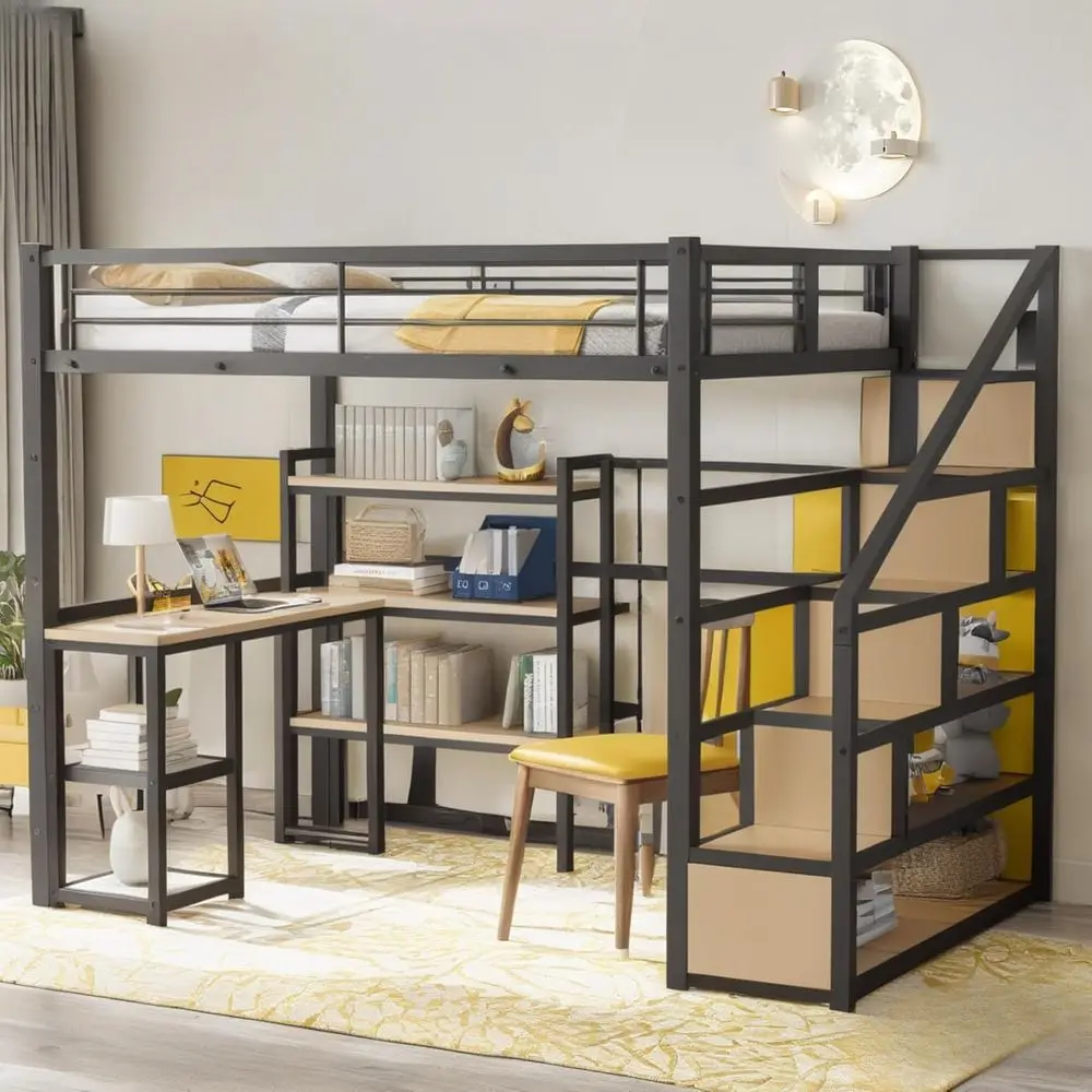 Прочная металлическая кровать-чердак с письменным столом, полками для хранения и лестницей для детей, подростков и взрослых, черная.
Прочная металлическая кровать-чердак с письменным столом, полками для хранения и лестницей для детей, подростков и взрослых, черная.