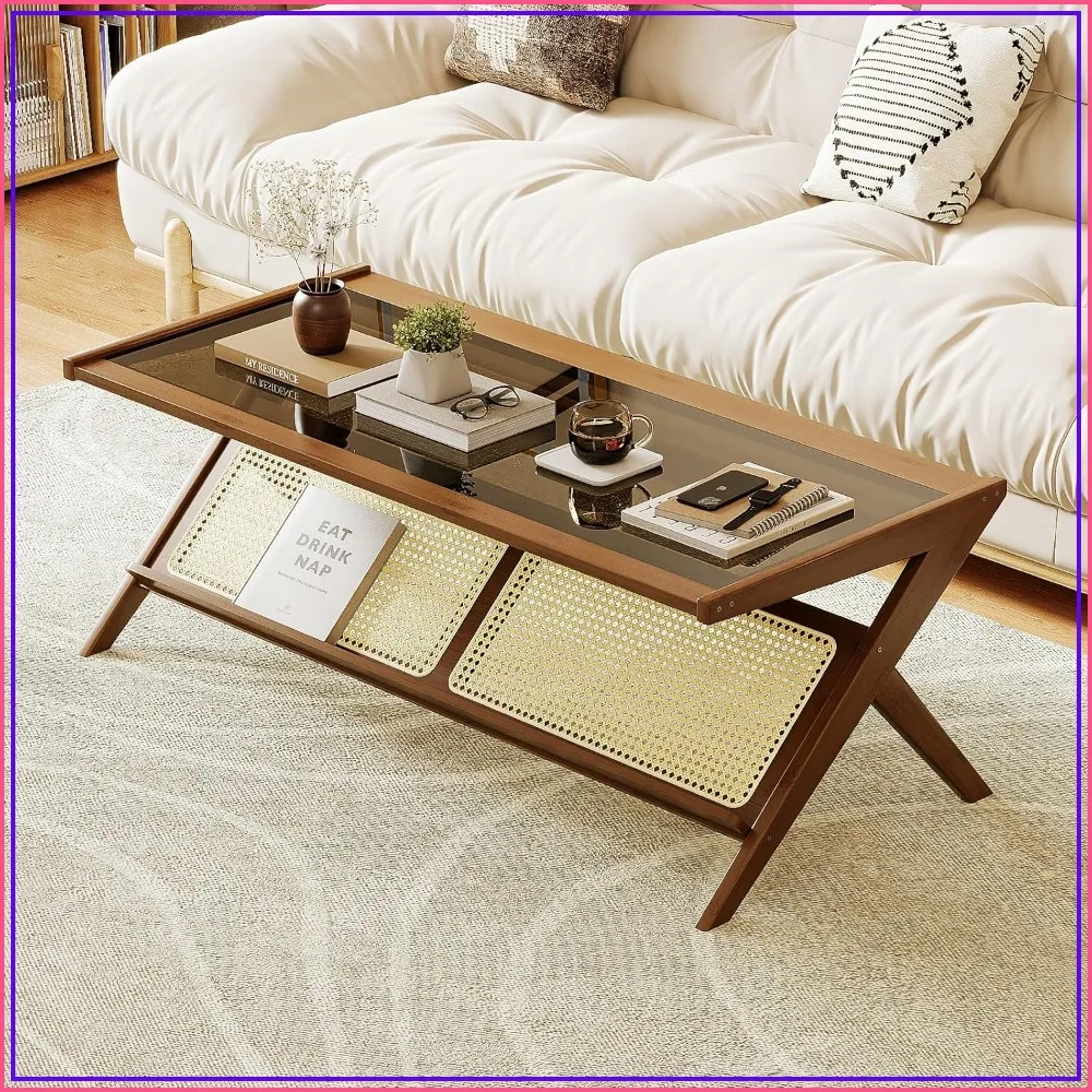 Rattan Coffee Table with Glass Top Mid-Century Modern Center Table with Storage, Brown
Rattan Coffee Table with Glass Top Mid-Century Modern Center Table with Storage, Brown