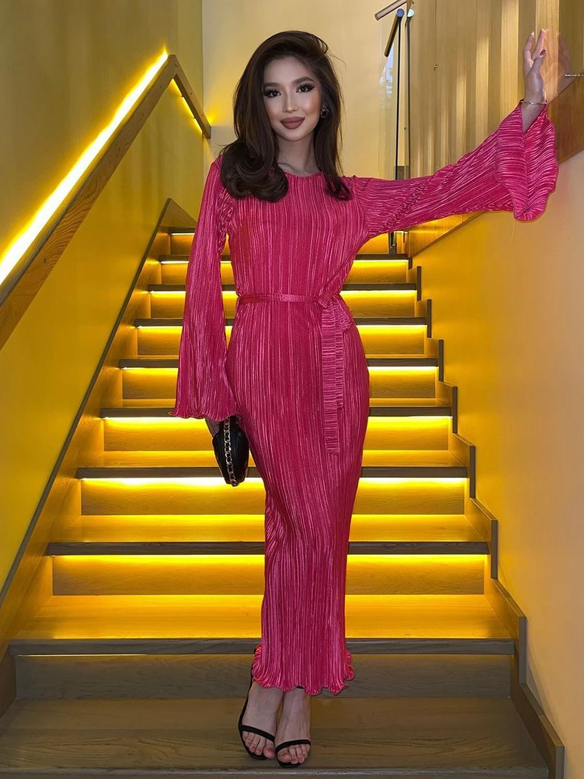 Elegant Pink Pleated Women'S Dress 2023 Fashion Loose O-Neck Long Sleeve Lace-Up Ankle-Length Dresses Female Clothing
Elegant Pink Pleated Women'S Dress 2023 Fashion Loose O-Neck Long Sleeve Lace-Up Ankle-Length Dresses Female Clothing