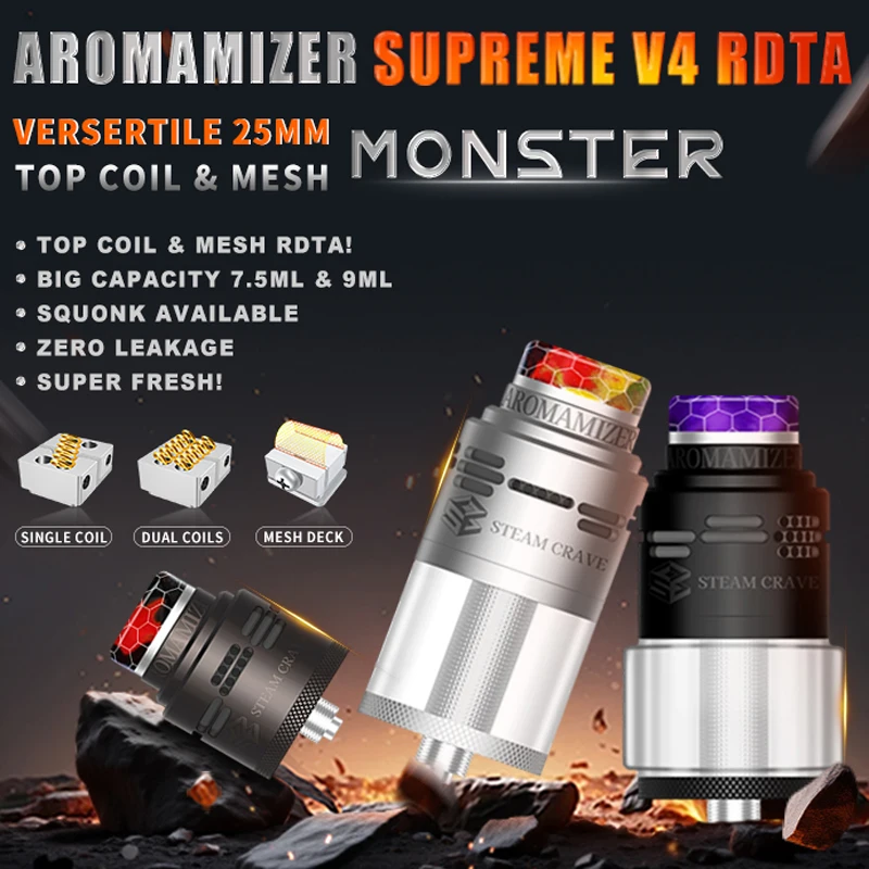 Authentic Steam Crave Aromamizer SUPREME V4 RDTA Diameter 25mm 4ml/7ml Single Dual Mesh Coil Leak Proof 510 Thread Vape Atomizer
Authentic Steam Crave Aromamizer SUPREME V4 RDTA Diameter 25mm 4ml/7ml Single Dual Mesh Coil Leak Proof 510 Thread Vape Atomizer