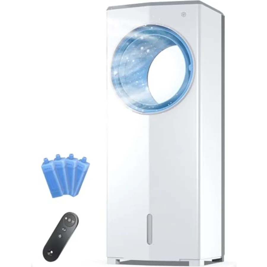 Portable evaporative air cooler for windowless rooms, white plastic unit with 3-speed settings, 4 modes, 7H timer, remote contr
Portable evaporative air cooler for windowless rooms, white plastic unit with 3-speed settings, 4 modes, 7H timer, remote contr