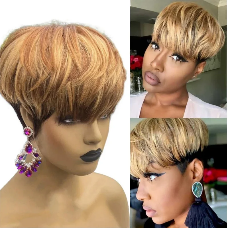 Pixie Cut Wigs for Black Women Human Hair Wigs with Bangs Black Mixed Brown Highlight Color Wigs Full Machine Made Wig
Pixie Cut Wigs for Black Women Human Hair Wigs with Bangs Black Mixed Brown Highlight Color Wigs Full Machine Made Wig